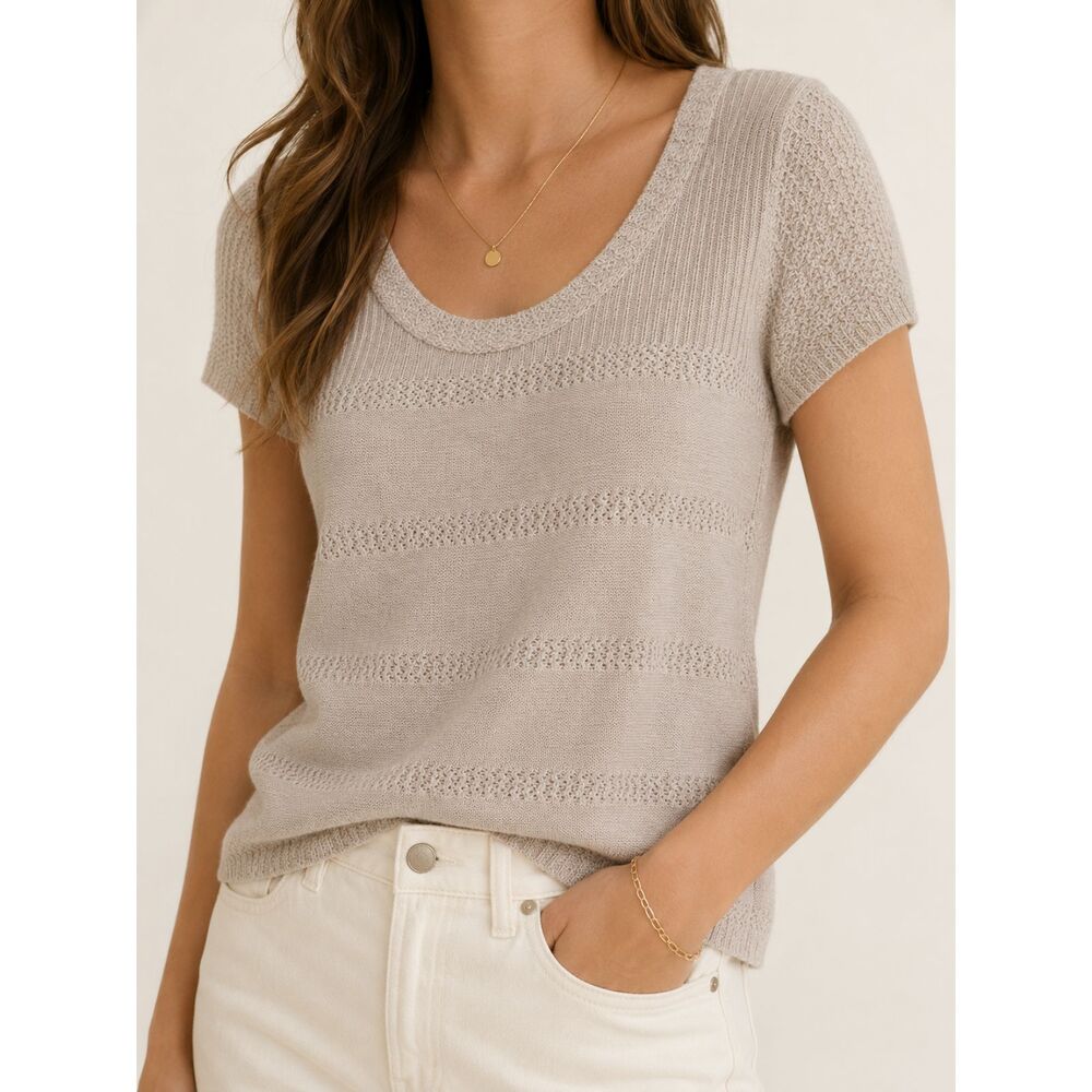 Parkhurst 100% Cotton Knit Sweater Top Medium Beige Scoop Neck Made in Canada